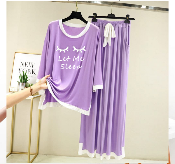 Purple Let Me Sleep White Round Neck Plazzo PJ Set