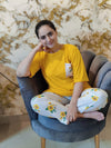 Yellow Flower Printed Pocket Half Sleeves Shirt and White Flower Printed Trouser Night Wear